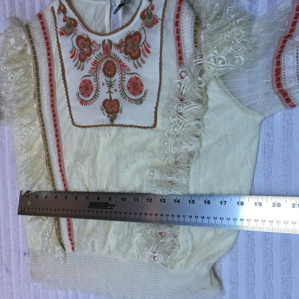 Anthropologie Blank London Embroidered Tali Lace Blouse Small Long Sleeve White